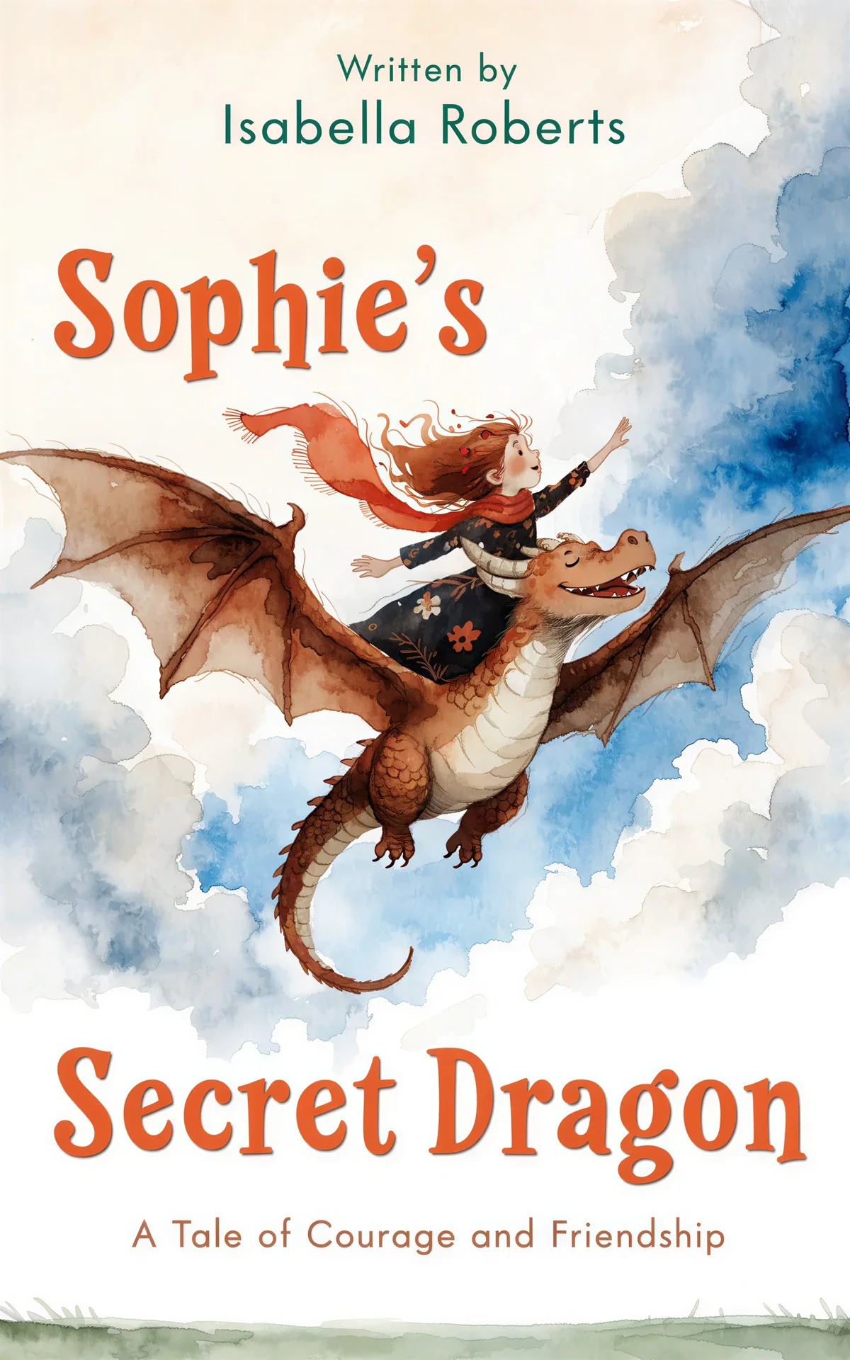 Children's book cover 'Sophie's Secret Dragon' with watercolor style, featuring a girl riding a dragon against a peachy sky.