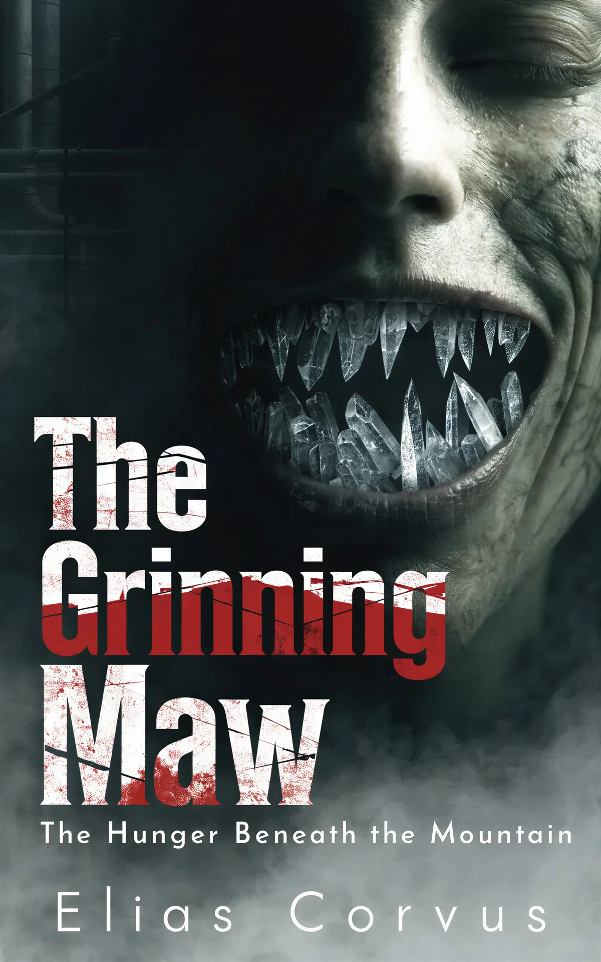 Horror book cover 'The Grinning Maw' with a terrifying frozen grin and jagged teeth, professional bone-white and red typography.