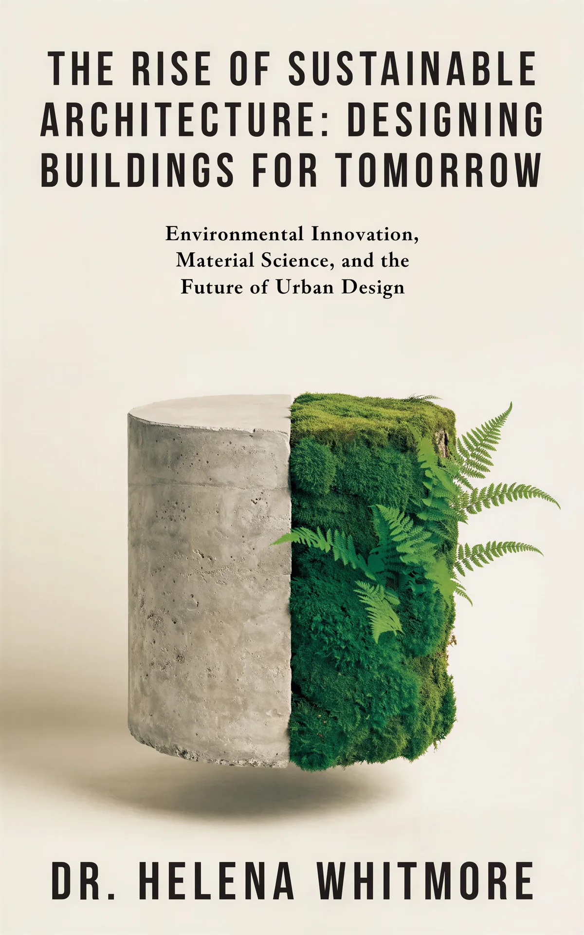 Non-fiction book cover 'THE RISE OF SUSTAINABLE ARCHITECTURE' featuring a concrete pillar split with moss, clean editorial aesthetic.