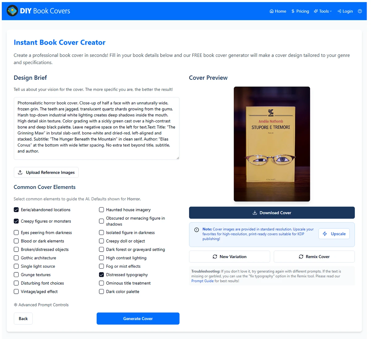 App screenshot of DIY Book Covers showing the interface and generic image results.